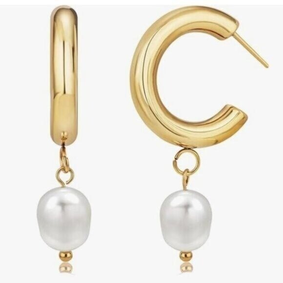 Pearl Earrings Non-tarnish Gold Chunky hoops w/ dangle Pearl Earrings Waterproof - Picture 4 of 12